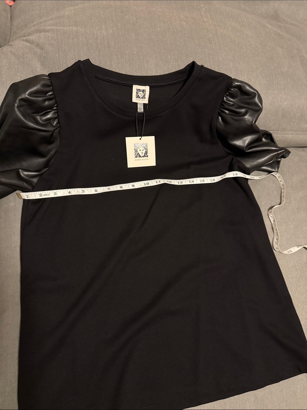 Anne Klein Black Shirt with Faux-Leather Puff Sleeves - Picture 10 of 10